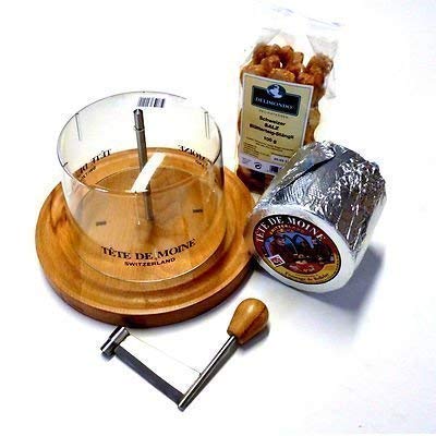 Conjunto Completo Máquina de cortar del queso 1 en toda Pan ca 850g Tete de Moine Queso de cabeza de monje 100 g Suiza Sal Masa de hojaldre Staengli