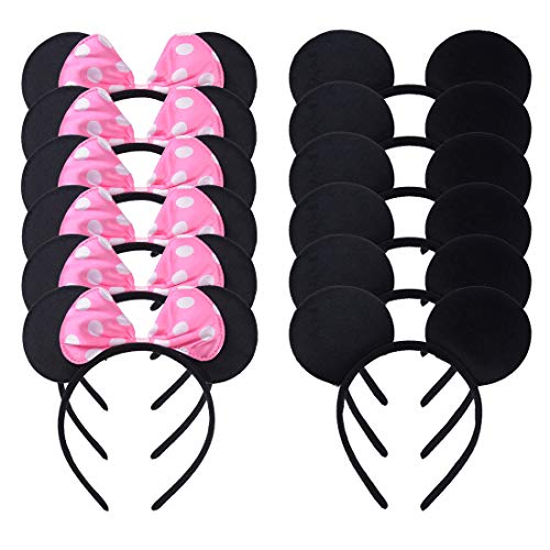 Conjunto de 12 Negro Rosa Diademas para cumpleaños Fiestas de Halloween Mamá Niños Niñas Accesorios para el cabello Sombrero de orejas de ratón precioso Decoraciones (Negro Rosado)