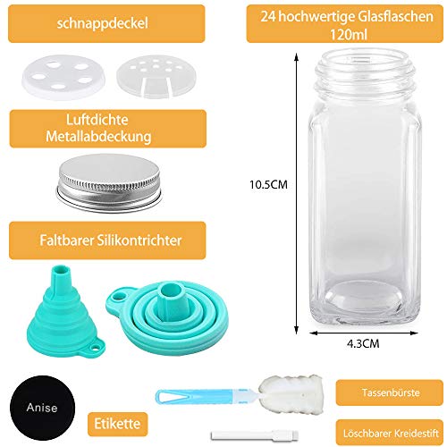 Conjunto de 24 tarros de especias: recipientes de vidrio cuadrados, capacidad 120 ml, tapa hermética de 10.5 x 4.3 cm, pizarra y etiqueta transparente, tapas de inserción de agitador y embudo ancho