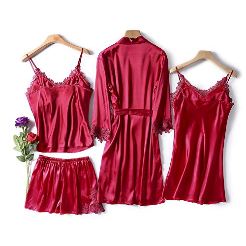 Conjunto de Pijamas 4 Piezas Camisones Conjunto Pijama Encaje Sexy Elegante Ropa de Interior Dormir Pijamas para Mujer Elegante Sexy Ropa para el Hogar Fiesta Temática de Pijama (Vino Rojo, M)