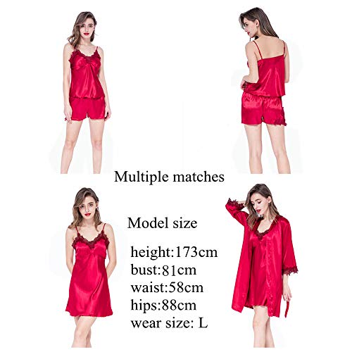 Conjunto de Pijamas 4 Piezas Camisones Conjunto Pijama Encaje Sexy Elegante Ropa de Interior Dormir Pijamas para Mujer Elegante Sexy Ropa para el Hogar Fiesta Temática de Pijama (Vino Rojo, M)