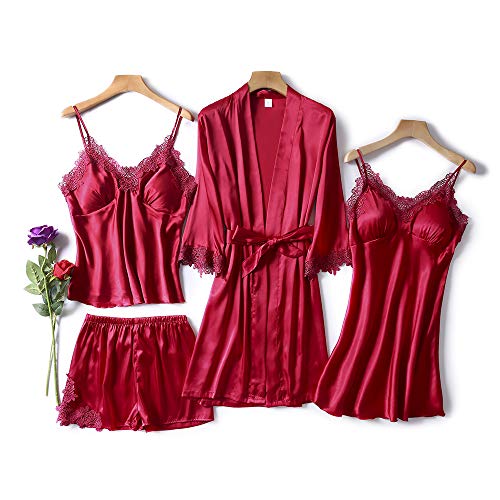 Conjunto de Pijamas 4 Piezas Camisones Conjunto Pijama Encaje Sexy Elegante Ropa de Interior Dormir Pijamas para Mujer Elegante Sexy Ropa para el Hogar Fiesta Temática de Pijama (Vino Rojo, M)