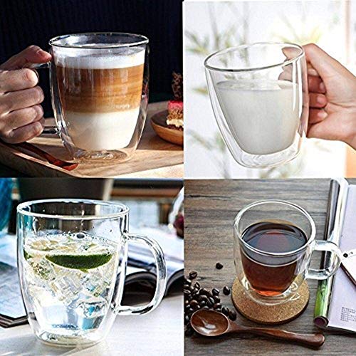 Cooko Cristal Vidrio de Café de Doble Pared, Tazas de Café Resistentes al Calor, Alta Tazas Borosilicato con Mango Para Té, Latte, Leche, Cappuccino, Jugo,350ml Juego de 1