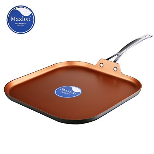 COOKSMARK Sartén Parrilla Antiadherente de Cerámica Sartén Grill Cuadrada de 28cm con Rayas y Mango de Acero Inoxidable Sartén Plancha de Color Cobre Apta para Lavavajillas sin PFOA