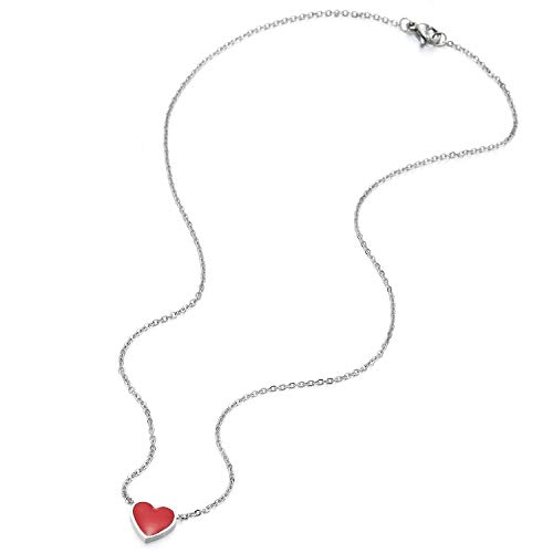 COOLSTEELANDBEYOND Pequeño Colgante de Amor Corazón con Rojo Esmalte, Collar de Mujer Niñas Hija, Acero Inoxidable, Cadena 45CM