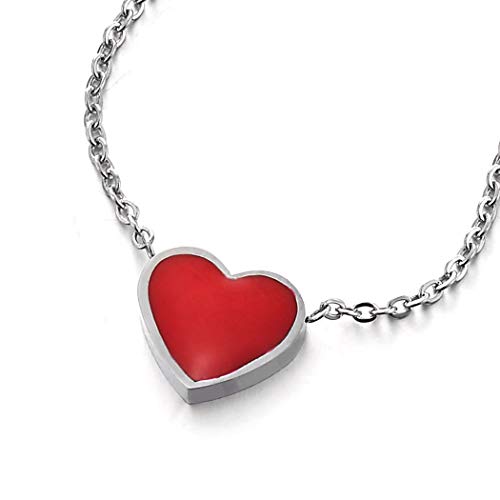 COOLSTEELANDBEYOND Pequeño Colgante de Amor Corazón con Rojo Esmalte, Collar de Mujer Niñas Hija, Acero Inoxidable, Cadena 45CM