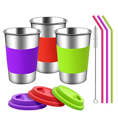 Copas de acero inoxidable con tapas, mangas y pajitas de silicona | Paquete de 3 16 oz. Copas de vasos de bebida para niños pequeños, niños y adultos | Ecológico | Sin BPA (Paja de silicona)