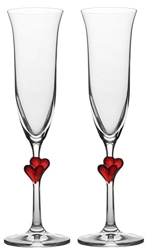 Copas para vino espumoso L´Amour de Stölzle Lausitz con corazones rojos, de 175 ml, juego de 2, aptas para lavavajillas: Romántico dúo de copas para disfrutar en pareja del vino espumoso