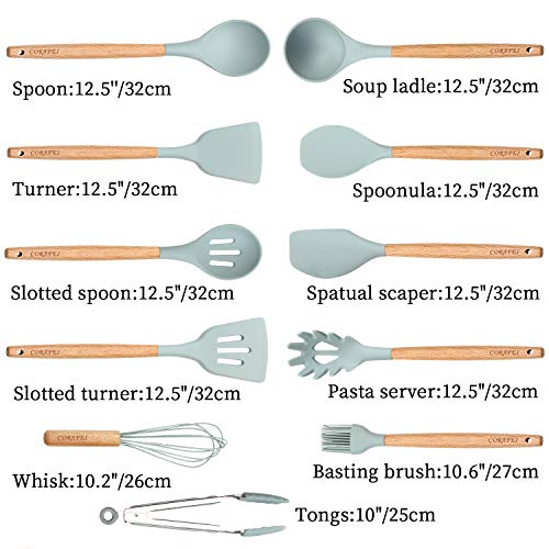 CORAFEI Utensilios de cocina silicona y madera, espátula, cuchara, cucharón, batidor, pinza para espagueti, olla de almacenamiento, 5 cucharas de medir y ganchos - 12 Piezas