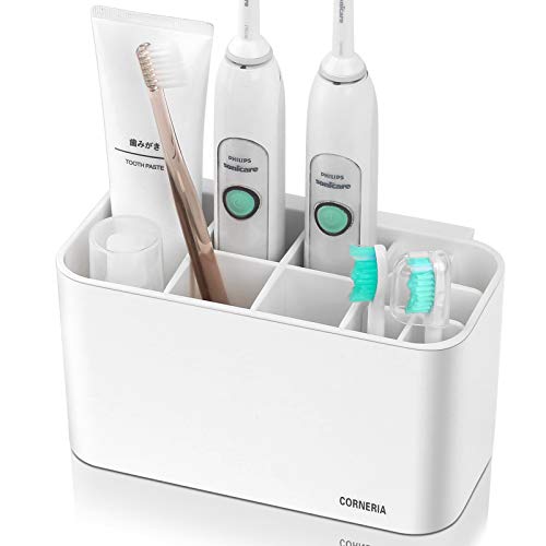 CORNERIA Portacepillos de Dientes - Cuarto de baño montado en la Pared Caddy - Soporte de Pasta de Dientes (4 Ranuras Cepillo de Dientes + 6 Cabezas de cepillos de Dientes eléctricos) (Blanco)