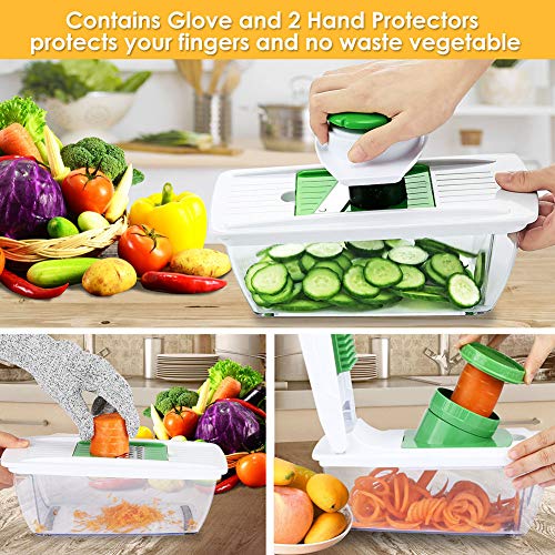 Cortador de Verduras 15 en 1 Mandolina Multiusos Slicer de Vegetales Profesional Rallador Corta Espiral Frutas 9 Cuchillas Acero Inoxidable ,Guantes ,Protector de Mano,Separador de Claras de Huevo