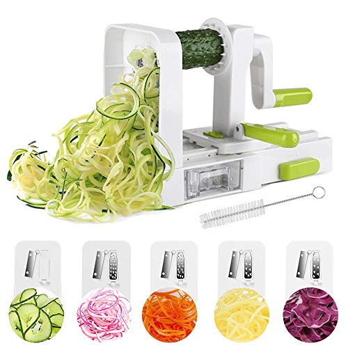 Cortador de Verduras Espiral ,Cortador Espiral 5 en 1 Doblado Espiralizador Cepillo de Limpieza Verduras en Espiral Juliana, Espaguetis, Tallarines, Cintas