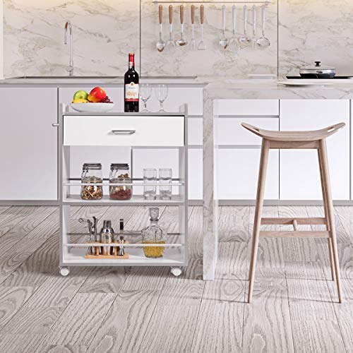 COSTWAY Carro de Cocina con Ruedas Carrito Auxiliar Carro de Servicio Estantería Multifuncional con 3 Estantes y Cajón para Comedor Restaurante Blanco