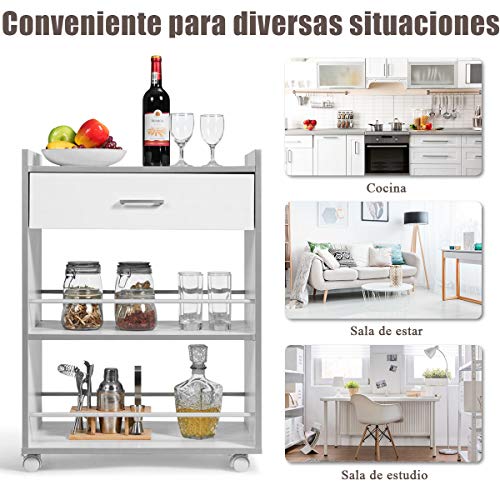 COSTWAY Carro de Cocina con Ruedas Carrito Auxiliar Carro de Servicio Estantería Multifuncional con 3 Estantes y Cajón para Comedor Restaurante Blanco