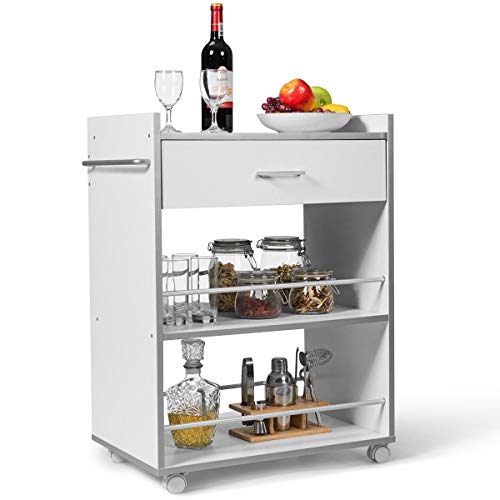 COSTWAY Carro de Cocina con Ruedas Carrito Auxiliar Carro de Servicio Estantería Multifuncional con 3 Estantes y Cajón para Comedor Restaurante Blanco