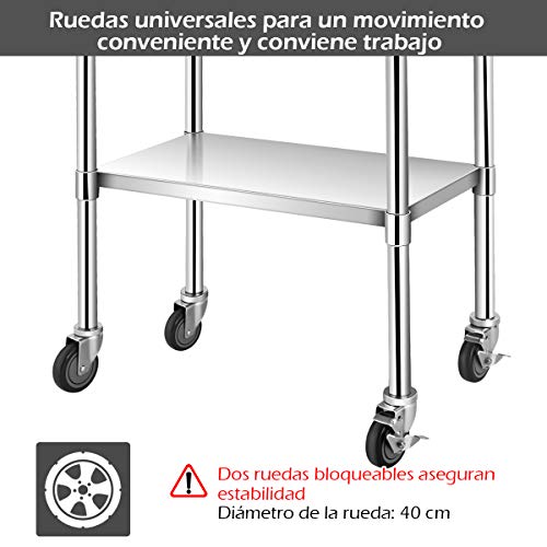 COSTWAY Mesa de Trabajo Acero Inoxidable Cocina con Ruedas Mesa con Estante Ajustable para Taller Almacén