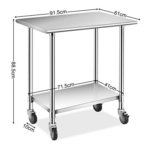 COSTWAY Mesa de Trabajo Acero Inoxidable Cocina con Ruedas Mesa con Estante Ajustable para Taller Almacén