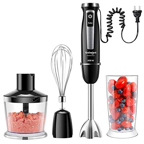 Coziselect 4 en 1 Batidora de Mano, 800W, Juego de Accesorios de 3 Partes, Adecuada para la Preparación de Papillas, Ensaladas, Sopas y Verduras, Negro