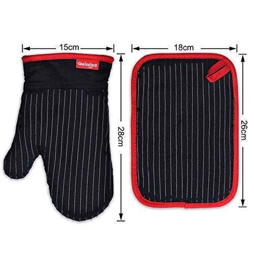 Coziselect Guantes de Horno, Guantes de Cocina Resistentes al Calor y Juego de Mantel Individual, Diseño Antideslizante de Silicona, Adecuado para Cocinar, Hornear, Asar a la Parrilla, Negro