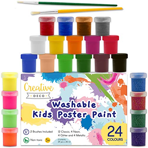 Creative Deco Temperas Pintura Lavable de Dedos Niños Bebes | 24 x 20 ml Botes | No Tóxica | Colores: Básicos Fluorescentes Brillantes Metálicos y Neón Principiantes y Artistas