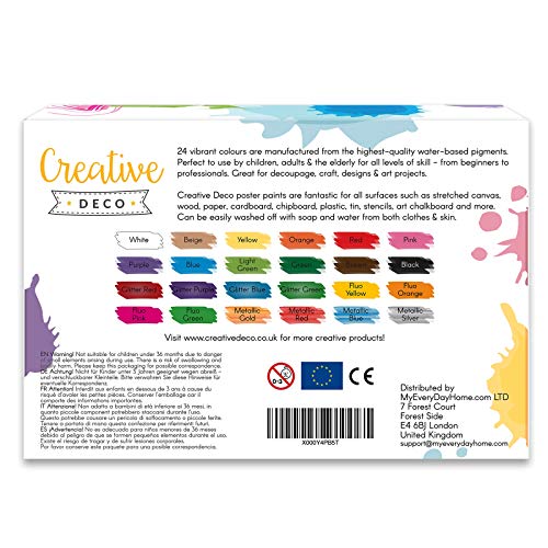 Creative Deco Temperas Pintura Lavable de Dedos Niños Bebes | 24 x 20 ml Botes | No Tóxica | Colores: Básicos Fluorescentes Brillantes Metálicos y Neón Principiantes y Artistas