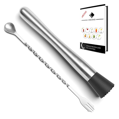 Cresimo Kit Cocteleria Profesional Mortero Y Cucharilla – Kit Barman Mortero Machacador 25 cm Mezclador eBook Recetas De Cócteles - Estilo Y Alta Calidad En Acero Inoxidable Y Nailon