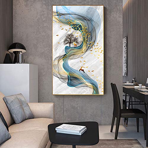 Cuadro abstracto de pintura de ciervos dorados, póster de gran tamaño, impresión azul, imagen de arte de pared dorada, sala de estar, cuadros modernos, arte de lienzo de 20x35 cm