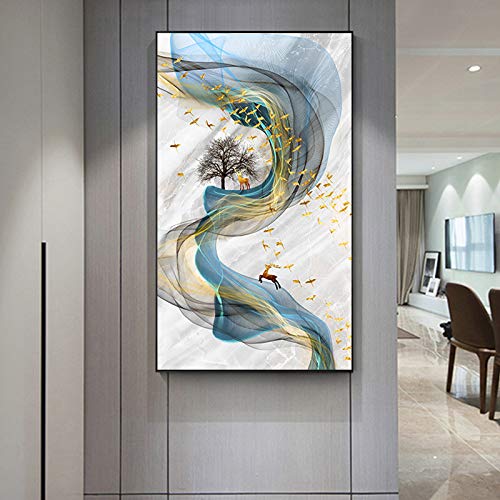 Cuadro abstracto de pintura de ciervos dorados, póster de gran tamaño, impresión azul, imagen de arte de pared dorada, sala de estar, cuadros modernos, arte de lienzo de 20x35 cm