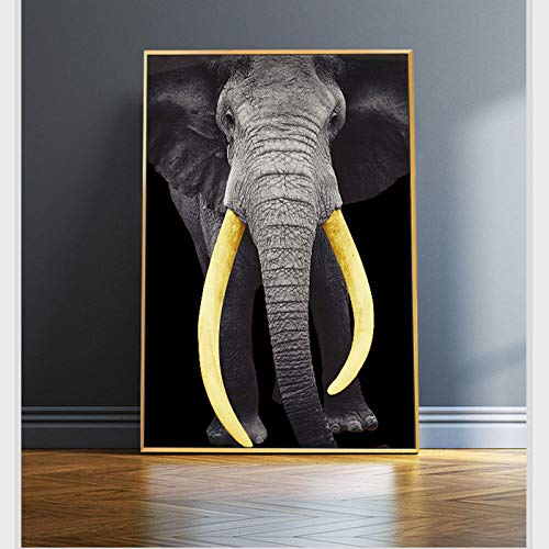 Cuadros modernos Elefante negro Marfil dorado Lienzo Cuadros Arte de la pared para sala de estar Estampados de animales Sin marco