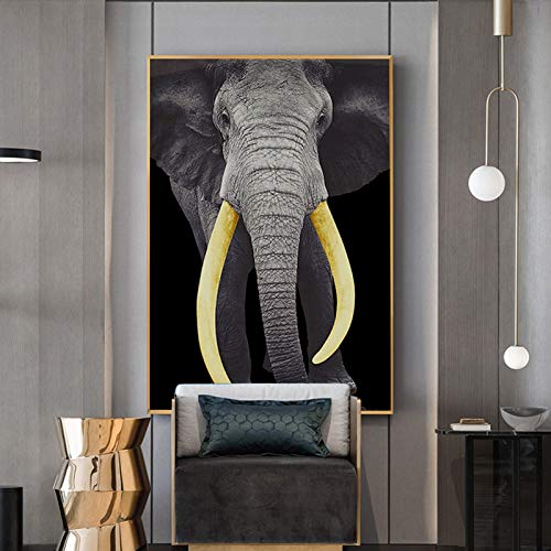 Cuadros modernos Elefante negro Marfil dorado Lienzo Cuadros Arte de la pared para sala de estar Estampados de animales Sin marco