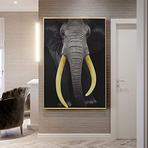 Cuadros modernos Elefante negro Marfil dorado Lienzo Cuadros Arte de la pared para sala de estar Estampados de animales Sin marco