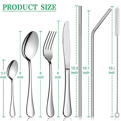 Cubertería portátil reutilizable de 8 piezas de acero inoxidable, juego de cubertería de viaje, incluye cuchillo, tenedor, cuchara, cepillo de limpieza, pajitas para el hogar cocina y restaurante 10