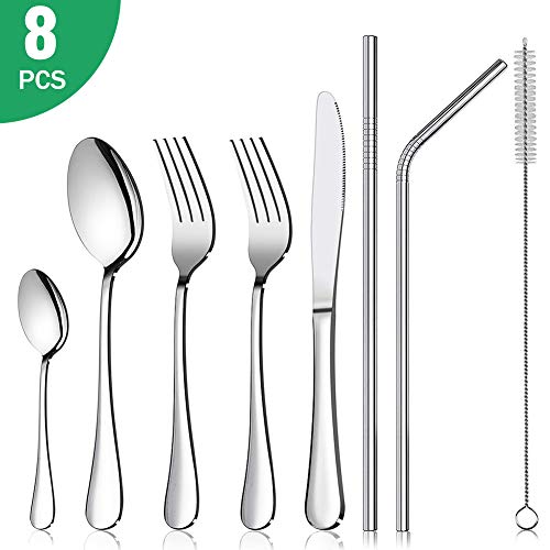 Cubertería portátil reutilizable de 8 piezas de acero inoxidable, juego de cubertería de viaje, incluye cuchillo, tenedor, cuchara, cepillo de limpieza, pajitas para el hogar cocina y restaurante 10