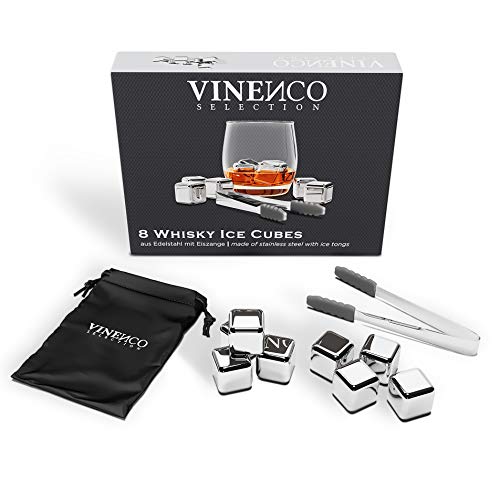 Cubitos de Hielo Reutilizable Set - 8 Cubos Refrigeración Acero de Calidad | Piedras Whisky, Cocteleria Mini Bar Accesorios - Idea Caja de Regalo Padre Mujer Hombre Cumpleaño, Whiskey Ice Cube Stone