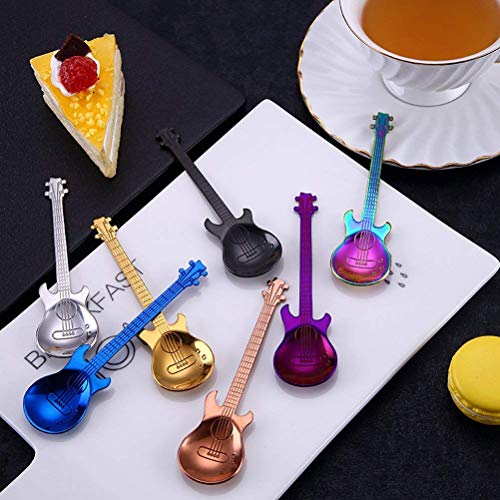 Cuchara de café para guitarra, cuchara de acero inoxidable con cuchara de café de colores ideal para café latte, café, espresso, chocolate caliente, bebidas calientes, postre y helado (7 piezas)