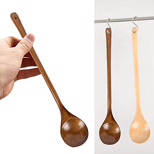 Cuchara de madera de 4 piezas, DanziX Cucharas de sopa de madera con mango largo de 13 pulgadas para cocina, mezcla, agitación, cocina, marrón claro, marrón oscuro