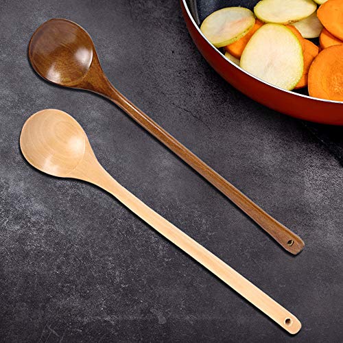 Cuchara de madera de 4 piezas, DanziX Cucharas de sopa de madera con mango largo de 13 pulgadas para cocina, mezcla, agitación, cocina, marrón claro, marrón oscuro