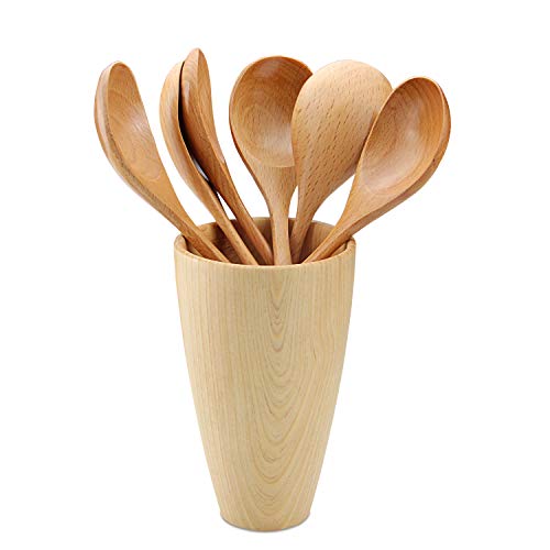 Cuchara de madera, Set de 6 Cuchara Madera Cocina Natural Juego de Cucharas de Sopa de Madera Cocina de Cocina Agitador de Mezcla Utensilios de Cocina Utensilios para Niños Cuchara de Cocina