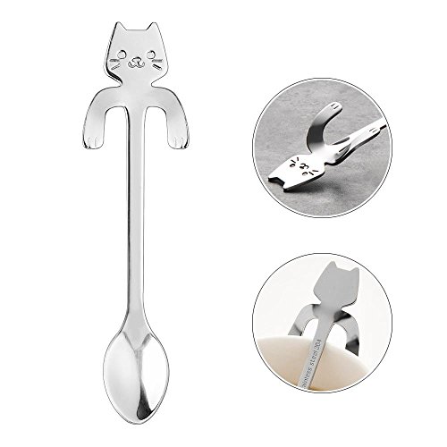 Cucharas de café CosCosX de acero inoxidable, con diseño de gato pequeño, para té, sopa, azúcar, aperitivos, postre, para colgar, 4 unidades