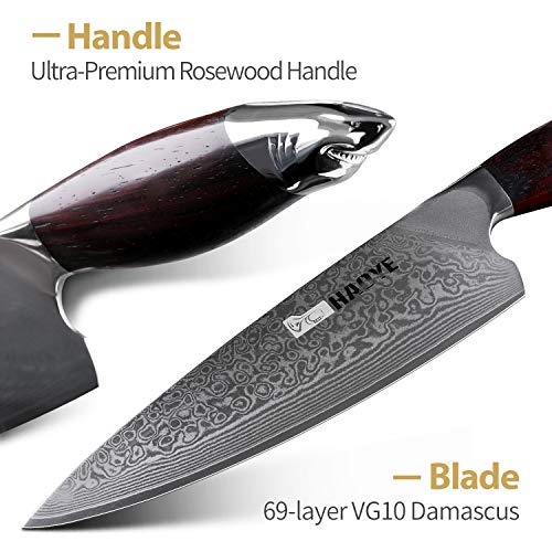 Cuchillo de cocina de acero de Damasco Cuchillo de cocina japonés VG10 de damasco Gyuto, hoja de 8.2 pulgadas 21cm con afilado persistente - ancho 56 mm, tratado al vacío, mango de palo de rosa