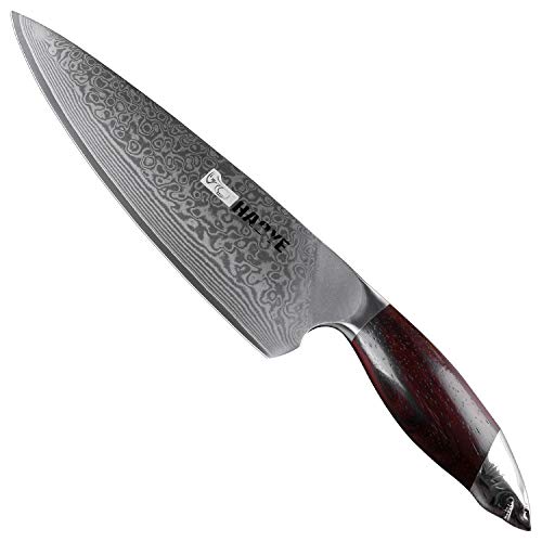 Cuchillo de cocina de acero de Damasco Cuchillo de cocina japonés VG10 de damasco Gyuto, hoja de 8.2 pulgadas 21cm con afilado persistente - ancho 56 mm, tratado al vacío, mango de palo de rosa