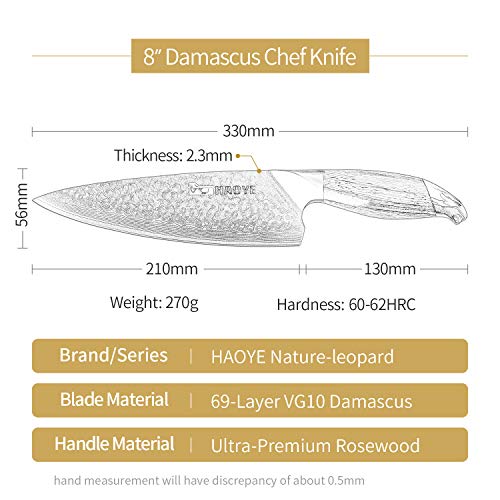 Cuchillo de cocina de acero de Damasco Cuchillo de cocina japonés VG10, hoja afilada y afilada 20 cm - ancho 56 mm, martillado, diseño de estilo artístico, mango de palo de rosa