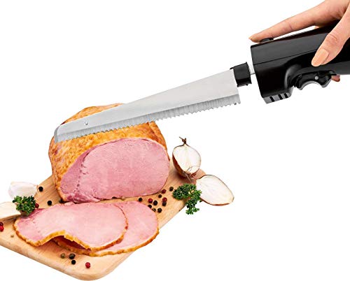 Cuchillo eléctrico de cocina para carne, cuchillo de cocina eléctrico para alimentos congelados (hoja de acero inoxidable, filo ondulado, cuchillo de pan, 120 W, negro)