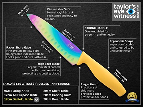 Cuchillo Santoku Color Iridiscente - Cuchillo Profesional De Estilo Japonés Shun Para Chef/Cocinero. Hoja De Nitruro De Titanio Afiladísima De 17 Cm. Mango Ergonómico. Por Taylors Eye Witness