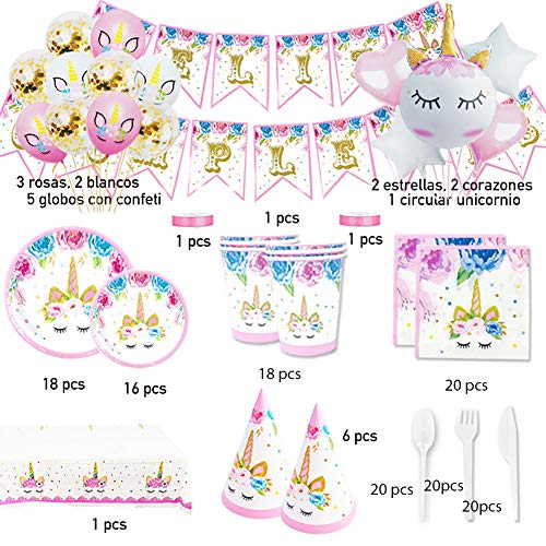 Cumpleaños Unicornio - Kit de Vajilla Desechable Unicornio+Accesorios de Decoración para Fiesta de Niña -16 Invitados