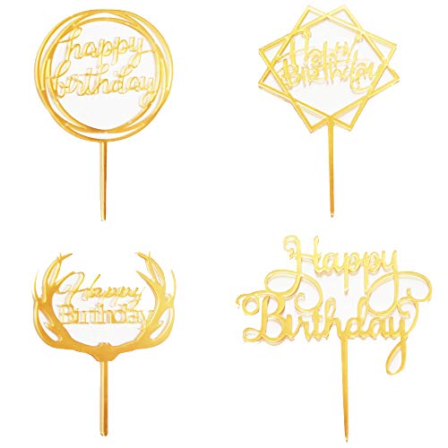 Cupcake Toppers, Feliz Cumpleaños Símbolo De La Torta Topper, 4 Piezas Multi-Círculo, Estrellas Cuadradas, Astas, Letras Inglesas, Adecuado para Decorar Pastel De Cumpleaños (Oro)