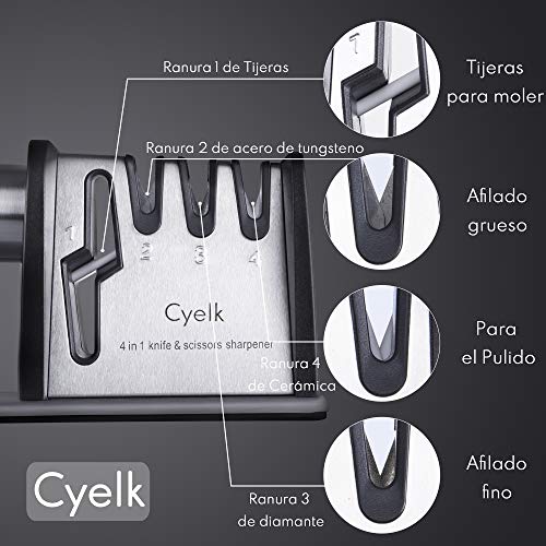 Cyelk Afilador de Cuchillos Profesional, 4 Etapas Knife Sharpener, 4 en 1 Afilador de Cocina Manual, para Cuchillos y Tijeras