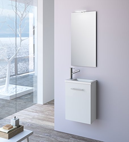 Cygnus Bath Mini Mueble lavamanos de baño, suspendido, con 1 Puerta de Cierre amortiguado, Madera, Brillo Lacado-Blanco, 40x22x48 cm