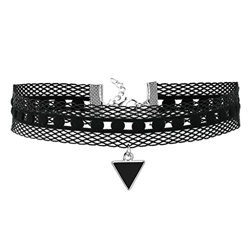 Daesar Joyería Mujer Joven Acero Inoxidable Choker Elástico Encaje Triángulo Terciopelo Velvet Plata Negro Choker Necklace, 35.3+6CM