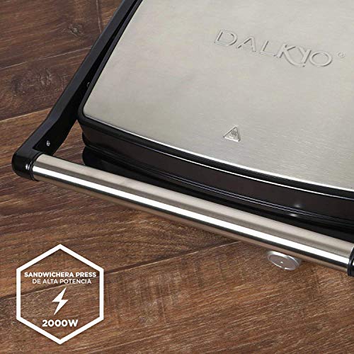 Dalkyo SOGO MB-30 Panini Grill, Parrilla Eléctrica de 2000W, Superficie de 28x22,5cm, Con Placas Antiadherente y 180º abierto, Acero Inoxidable, Plancha Limpieza Fácil Color: Plata